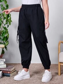 Pantalones cargo unicolor con estampado de cadena - Negro - Ver 5