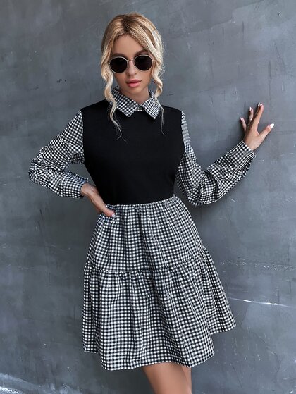 SHEIN LUNE Gingham Print Ruffle Hem Dress Fall Cloth For Women