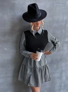 SHEIN LUNE Vestido con estampado de guingán bajo con fruncido - Multicolor - Ver 3