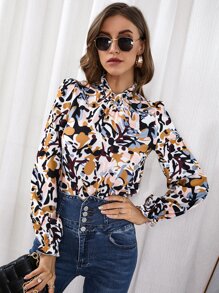 SHEIN Unity 滿版印花荷葉袖木耳邊領襯衫 - 彩色 - 查看 1