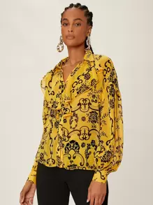 SHEINNeu Áo sơ mi In hoa Viền Ruffle Tay áo lồng đèn - Nhiều màu - Xem 1