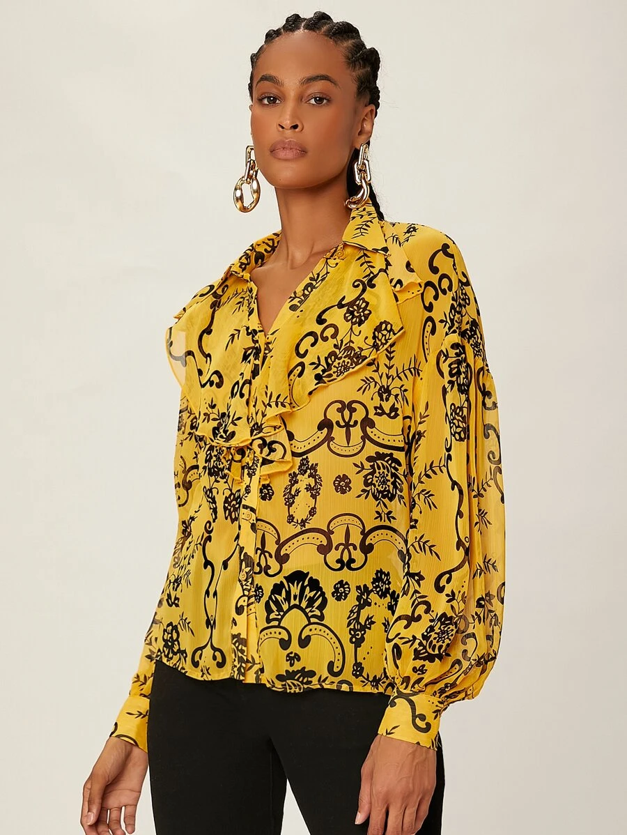 SHEINNeu Áo sơ mi In hoa Viền Ruffle Tay áo lồng đèn - Nhiều màu - Xem 1