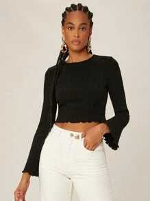 SHEINNeu 木耳邊羅紋針織短款上衣 - 黑色 - 查看 1