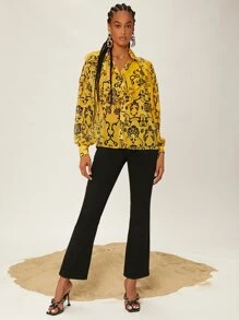 SHEINNeu Áo sơ mi In hoa Viền Ruffle Tay áo lồng đèn - Nhiều màu - Xem 3