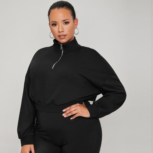 

Plus Quarter Zip Drop Shoulder Pullover, Black