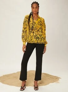 SHEINNeu Áo sơ mi In hoa Viền Ruffle Tay áo lồng đèn - Nhiều màu - Xem 4