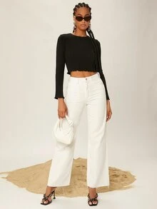 SHEINNeu 木耳邊羅紋針織短款上衣 - 黑色 - 查看 3