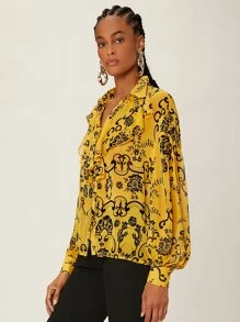 SHEINNeu Áo sơ mi In hoa Viền Ruffle Tay áo lồng đèn - Nhiều màu - Xem 5