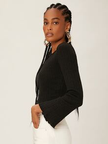 SHEINNeu 木耳邊羅紋針織短款上衣 - 黑色 - 查看 4
