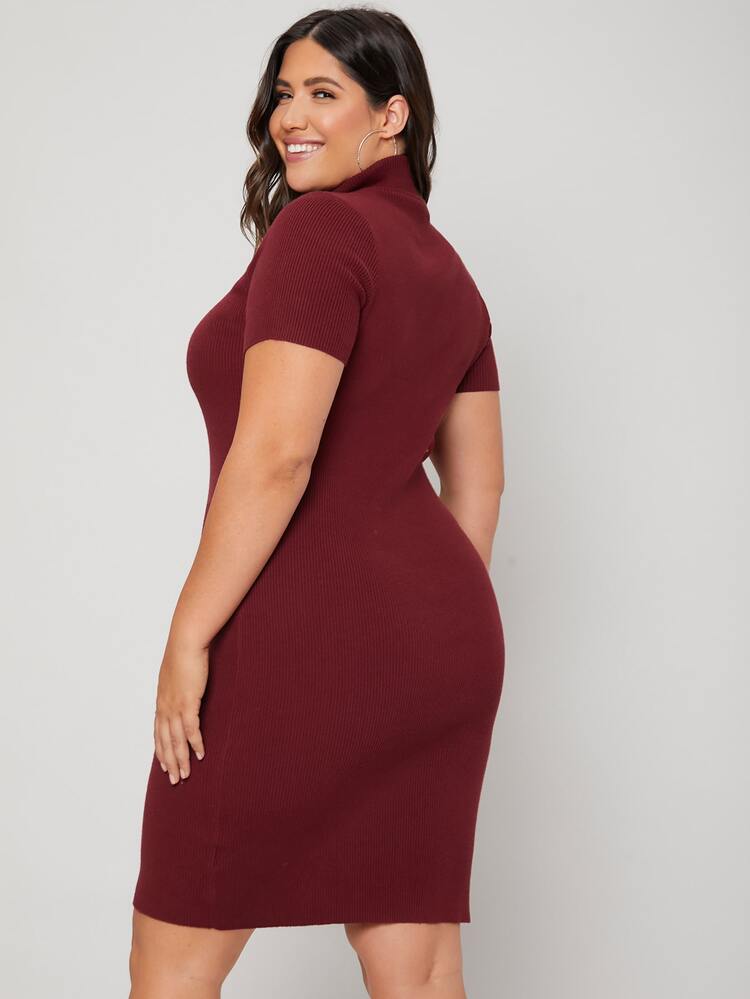 SHEIN Plus Ribbed Knit Zipper Jumper Dress - Burgundy - View 2