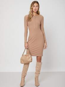 SHEIN 再生滌羅紋緊身連衣裙 - 卡其色 - 查看 1