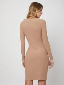 SHEIN 再生滌羅紋緊身連衣裙 - 卡其色 - 查看 2