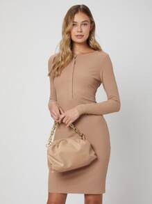 SHEIN 再生滌羅紋緊身連衣裙 - 卡其色 - 查看 4