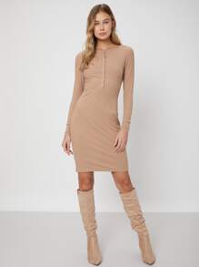 SHEIN 再生滌羅紋緊身連衣裙 - 卡其色 - 查看 6