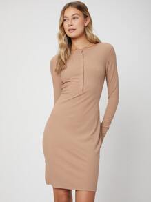 SHEIN 再生滌羅紋緊身連衣裙 - 卡其色 - 查看 7