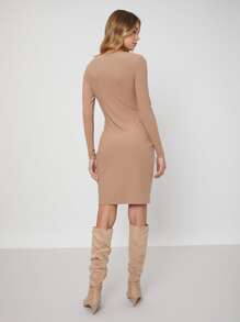 SHEIN 再生滌羅紋緊身連衣裙 - 卡其色 - 查看 10