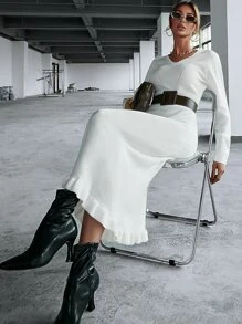 SHEIN Ladies áo len váy Xù màu trơn Thanh lịch - trắng - Xem 1