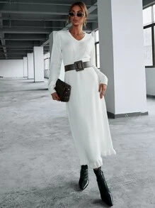 SHEIN Ladies áo len váy Xù màu trơn Thanh lịch - trắng - Xem 3