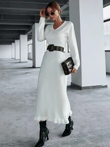 SHEIN Ladies áo len váy Xù màu trơn Thanh lịch - trắng - Xem 4