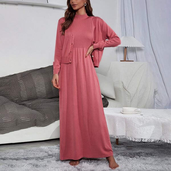

Solid Mock Neck Knit Dress & Cardigan, Watermelon pink