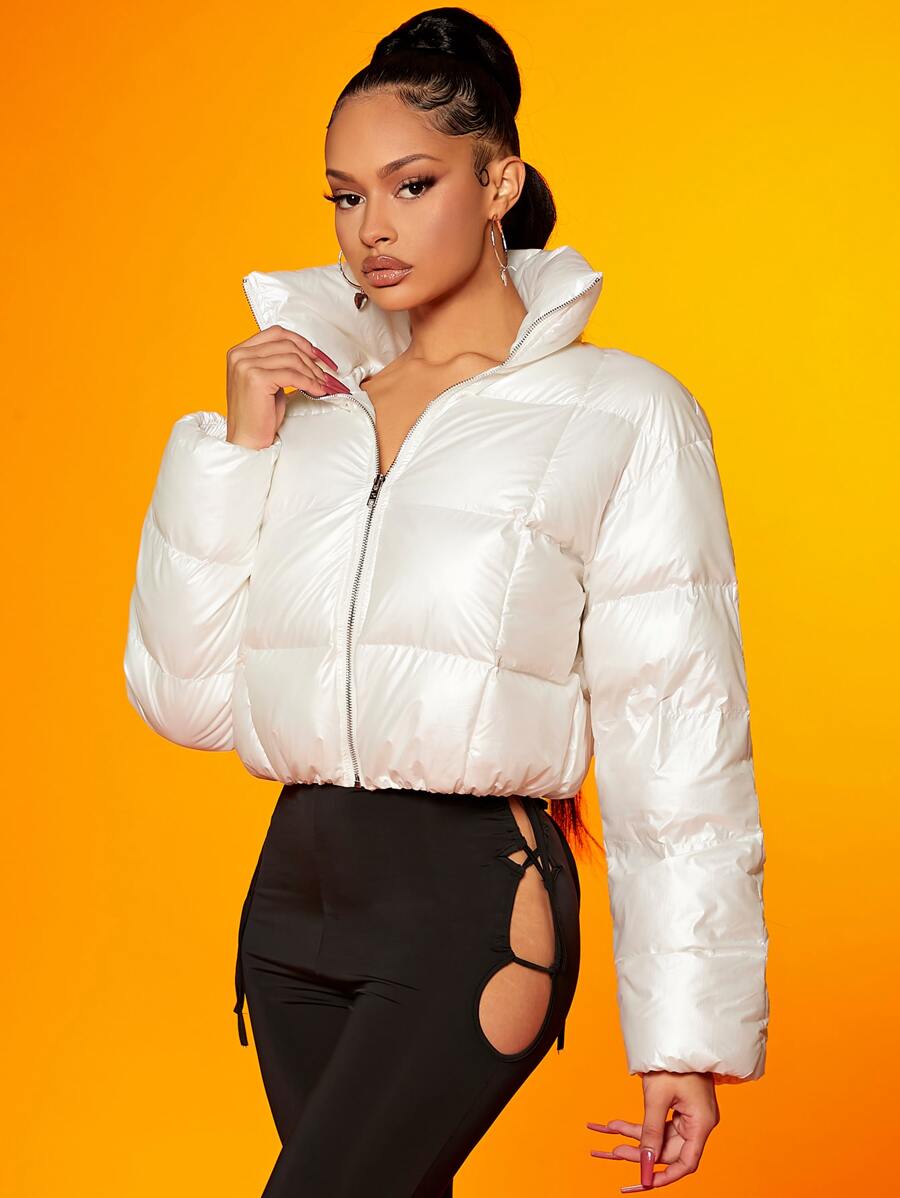 SHEIN Drop Shoulder Zipper Padded Coat - White - View 1