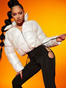 SHEIN Drop Shoulder Zipper Padded Coat - White - View 3