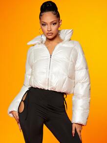 SHEIN Drop Shoulder Zipper Padded Coat - White - View 5