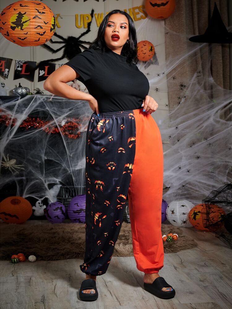 SHEIN Plus Two Tone Halloween Print Trousers - Multicolor - View 3