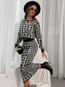 Modelyn con patrón de pata de gallo de hombros caídos Jersey & Falda de punto - Blanco y Negro - Ver 1