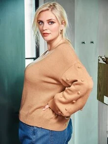 Plus Pom Pom Drop Shoulder Jumper - Khaki - View 3