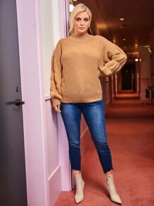 Calvaya 大碼小高領落肩袖套頭毛衣 - 卡其色 - 查看 3