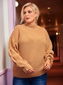 Calvaya 大碼小高領落肩袖套頭毛衣 - 卡其色 - 查看 4