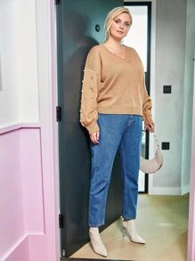 Plus Pom Pom Drop Shoulder Jumper - Khaki - View 5