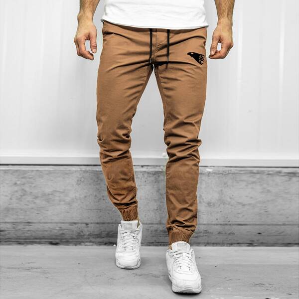 

Men Eagle Print Drawstring Waist Pants, Khaki