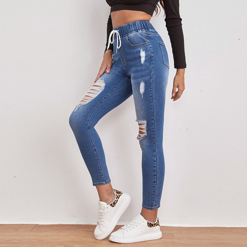 

Drawstring Waist Ripped Skinny Jeans, Medium wash