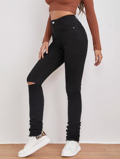 Stone Wash Ripped Ruched Skinny Jeans