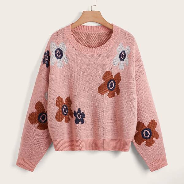 

Plus Floral Pattern Sweater, Pink