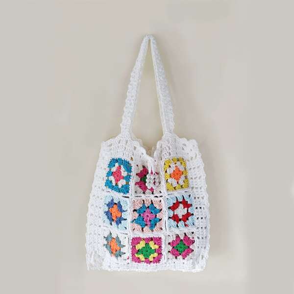 

Colorblock Graphic Crochet Detail Shoulder Tote Bag, Multicolor