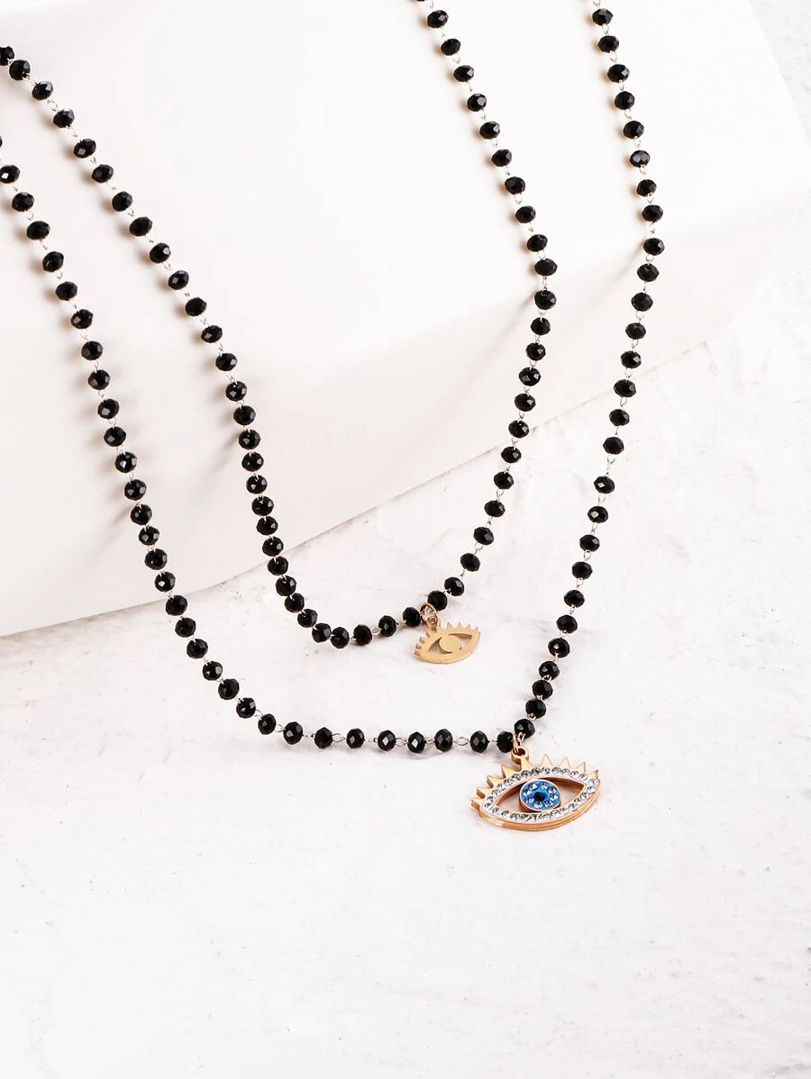 眼睛墜飾水晶串珠項鏈 - 玫瑰金 - 查看 1