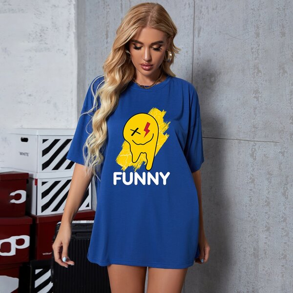

Cartoon And Letter Graphic Drop Shoulder Oversized Tee, Blue