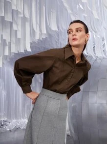 SHEIN Camisa unicolor con botón delantero de manga farol - Café integral - Ver 5