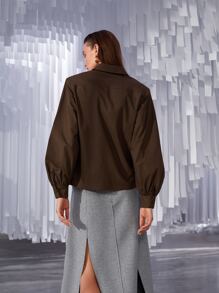 SHEIN Camisa unicolor con botón delantero de manga farol - Café integral - Ver 6
