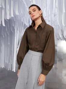 SHEIN Camisa unicolor con botón delantero de manga farol - Café integral - Ver 8