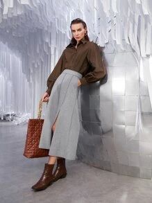 SHEIN Camisa unicolor con botón delantero de manga farol - Café integral - Ver 9