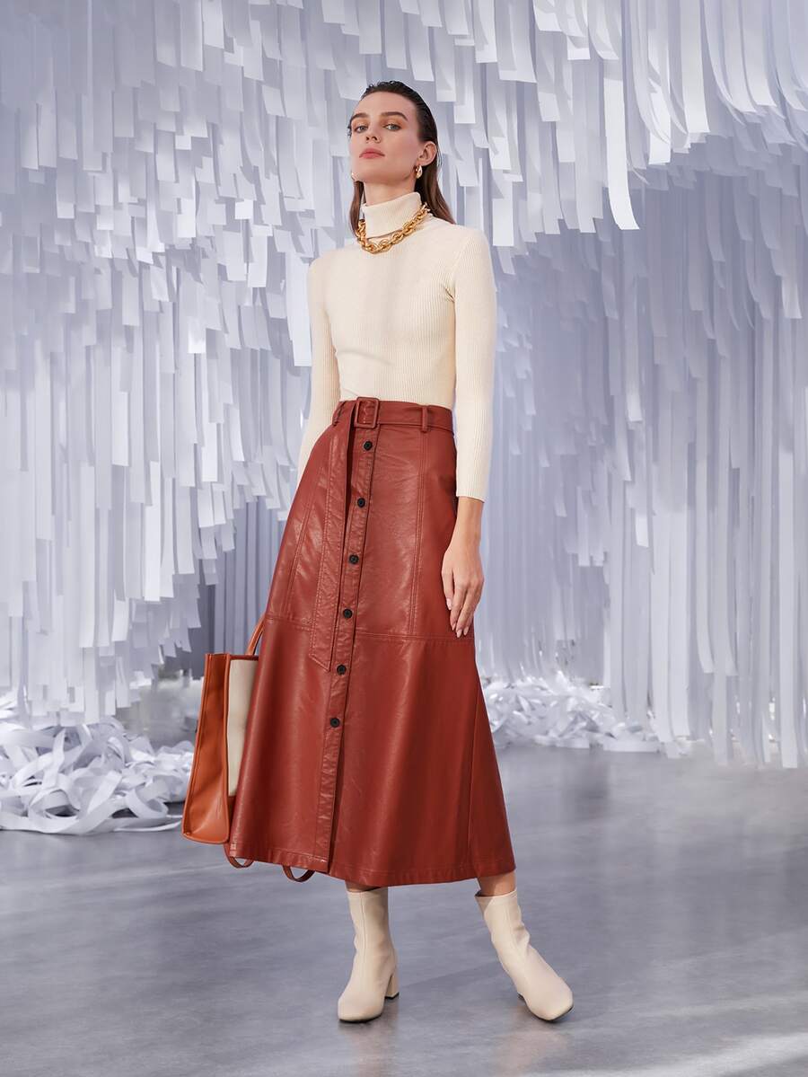 SHEIN Button Front Belted PU Leather Skirt - Rust Brown - View 1
