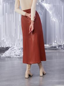 SHEIN Button Front Belted PU Leather Skirt - Rust Brown - View 2