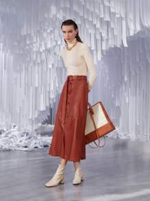 SHEIN Button Front Belted PU Leather Skirt - Rust Brown - View 3