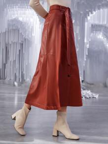 SHEIN Button Front Belted PU Leather Skirt - Rust Brown - View 4