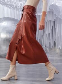 SHEIN Button Front Belted PU Leather Skirt - Rust Brown - View 5
