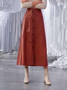 SHEIN Button Front Belted PU Leather Skirt - Rust Brown - View 6